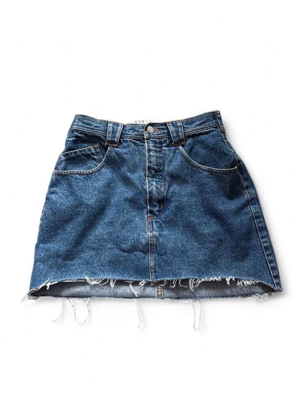 Vintage 80s 90s GAP Work Force Denim Mini Skirt Cinch Back Western Yoke Raw Hem